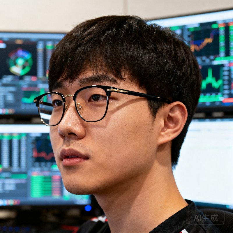 一位亚洲男性电竞俱乐部数据分析师张卓宇的半身肖像照，佩戴眼镜，背景为多屏幕数据监控室。